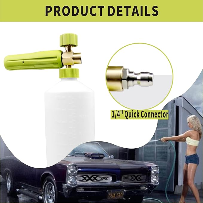 Foam Cannon 1 L Bottle Car Wash Snow Foam Lance with 1/4" Quick Connector Pressure Power Jet Washer Quick Release Adjustable Nozzle