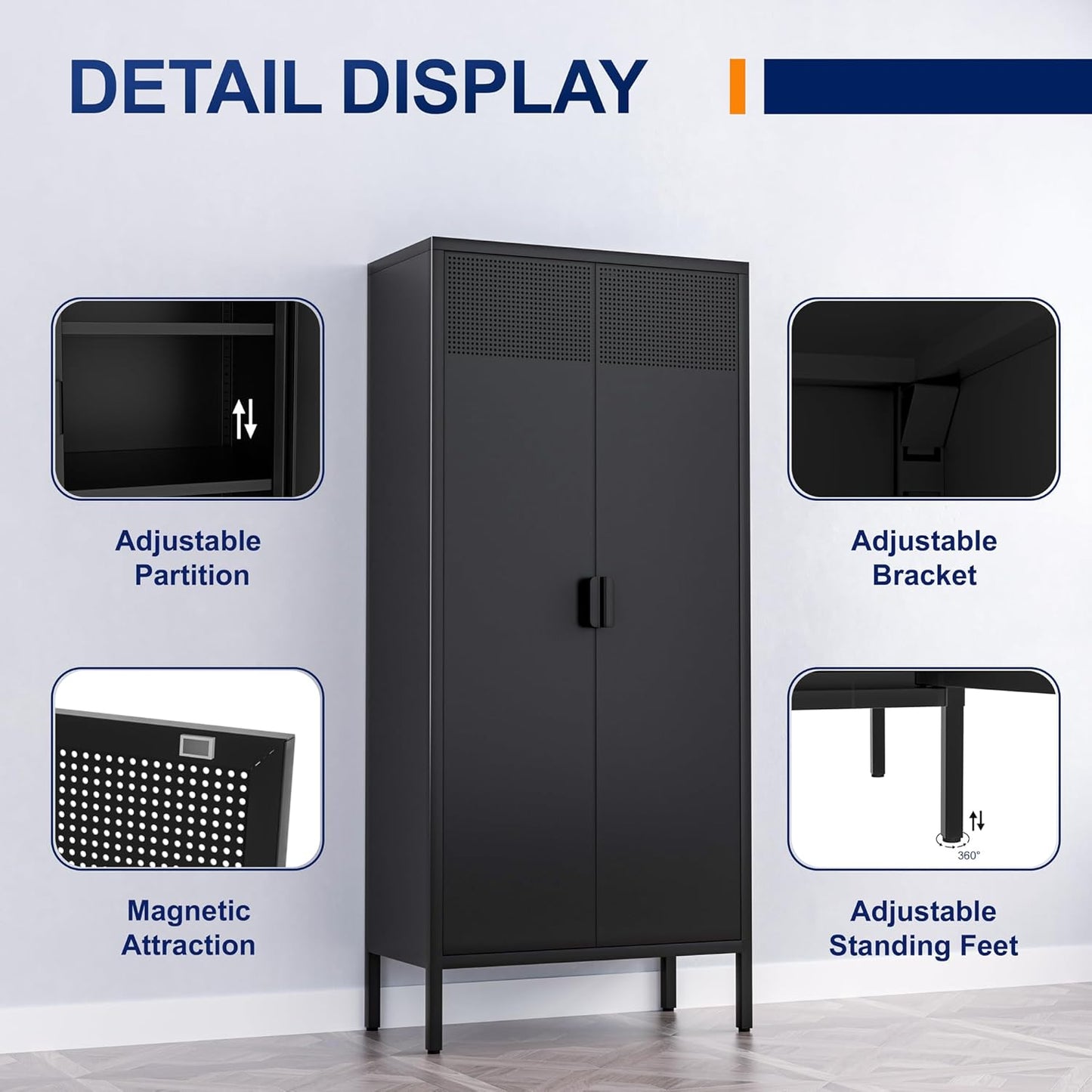 Metal Storage Cabinets with Adjustable Shelves，Pantry Kitchen Storage Cabinets，Floor Storage Cabinet for Kitchen, Laundry Room, Home Office, Kids Room (Black, 61''H)