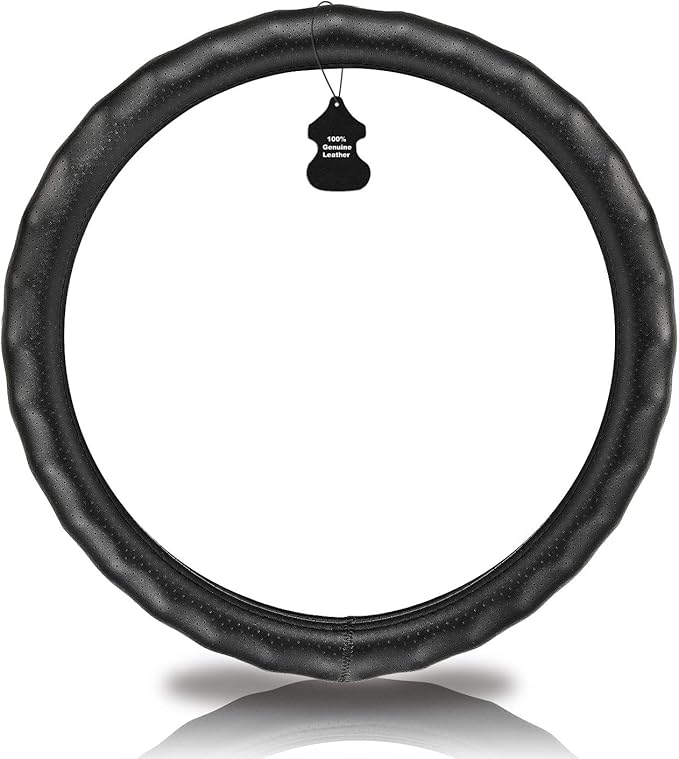 Haokay Heavy Duty Pure Cowhide Steering Wheel Cover, Black Genuine Leather Steering Wheel Cover Men Women Comfort Finger Grips Universal 14.5 to 15 Inch