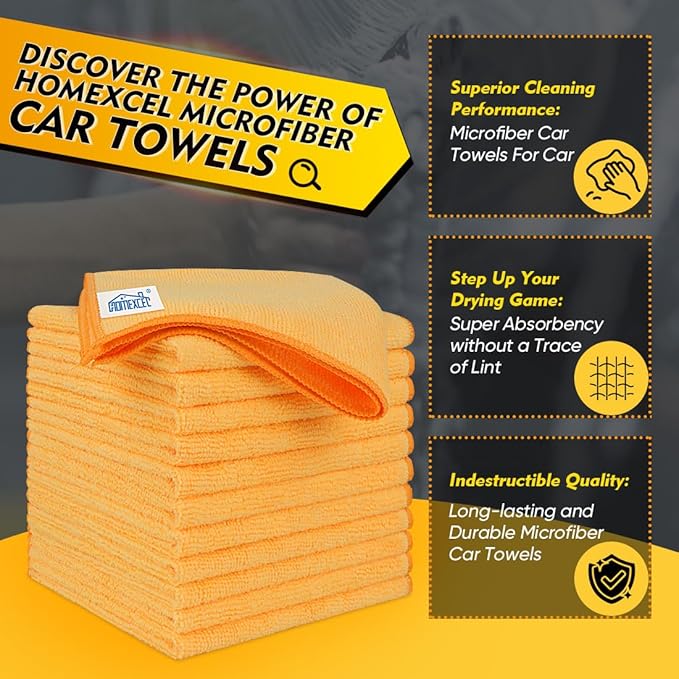 HOMEXCEL Yellow Microfiber Cleaning Cloths 12 Pack, 12.5 x 12.5 inch Microfiber Towel for Cars, Ultra Absorbent Car Washing Cloth, Lint Free Streak Free Cleaning Rags for Car, Kitchen, and Window