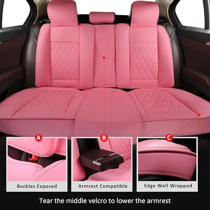 MIROZO Car Seat Covers,Leather Seat Cover Waterproof Automotive Seat Covers Full Set Car Seat Protector Seat Cover Set Vehicle Cushion Cover for Sedan, Truck and SUV (Full Set, Pink