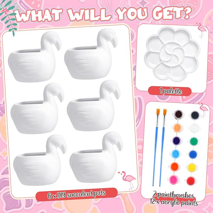 Pasimy 6 Set DIY Ceramic Succulent Planter Pots Paint Your Own Flower Pots Craft Kit Unpainted Bisque Paintable Flowerpot with Brush Palette Ready to Paint for Family Activity Gift (Flamingo)