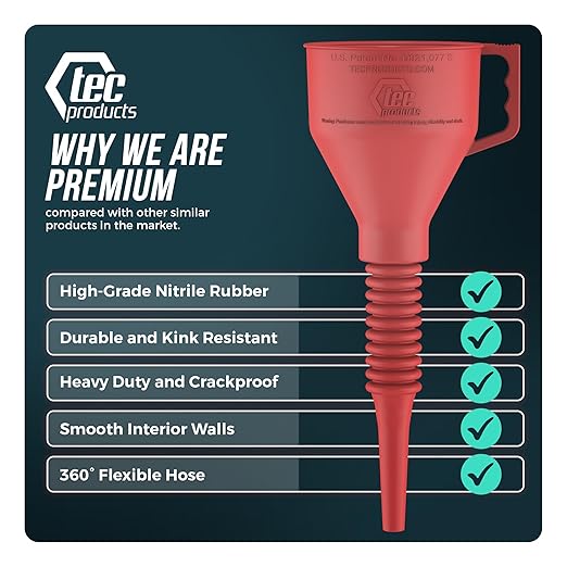 TEC Products FlexAll Long Flexible Funnel for Automotive Use - Durable Nitrile Rubber - Ideal for Car Oil Change, Transmission Funnel Fluid, Diesel, Fuel, Gas - Made in USA - Red (12 x 4 Inches)