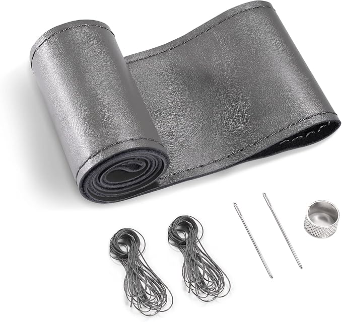 SEG Direct Genuine Leather Steering Wheel Cover, Stitch On Wrap, 15 Inch Steering Wheel Wrap for Car Truck SUV Pickup Boat, DIY Sewing with Needle Thread, Gray