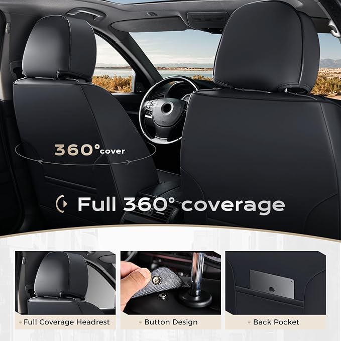 Coverado Car Seat Covers Full Set, Seat Covers for Cars, Front Seat Covers and Back Seat Cover Waterproof Leather Automotive Seat Cover, Universal Car Interior Protectors Cushion for Most Cars Black