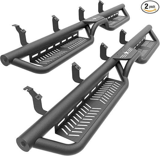 CrewMax Cab Running Boards Side Steps Compatible with 2022 2023 2024 2025 Toyota Tundra Crew Max Cab, Two Stair Design Black Side Rails Nerf Bars (Black Powder Coated, Star Logo)