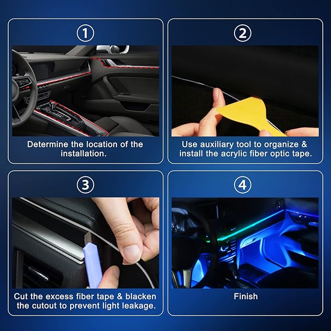 LED Acrylic Car Interior Lights, 6 in 1 Dreamcolor RGB Car Ambient Lighting Kit for Car Included 175-inch Fiber Optic Car Neon Lights String, APP Control, Music Sync Rhythm
