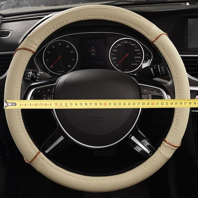 CAR PASS Line Rider Universal Fit Delux Leather Steering Wheel Cover, for suvs,sedans,Vans,Trucks for 14.7" to 15" (Beige)