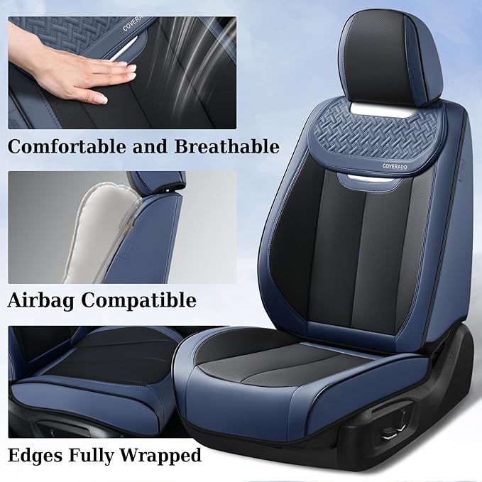 Coverado Front and Back Seat Covers for Cars, Nappa Leather Car Seat Covers Full Set, Waterproof Carseat Protector Seat Cushion, Luxury Automotive Seat Covers Universal Fit for Most Cars(Blue&Black)