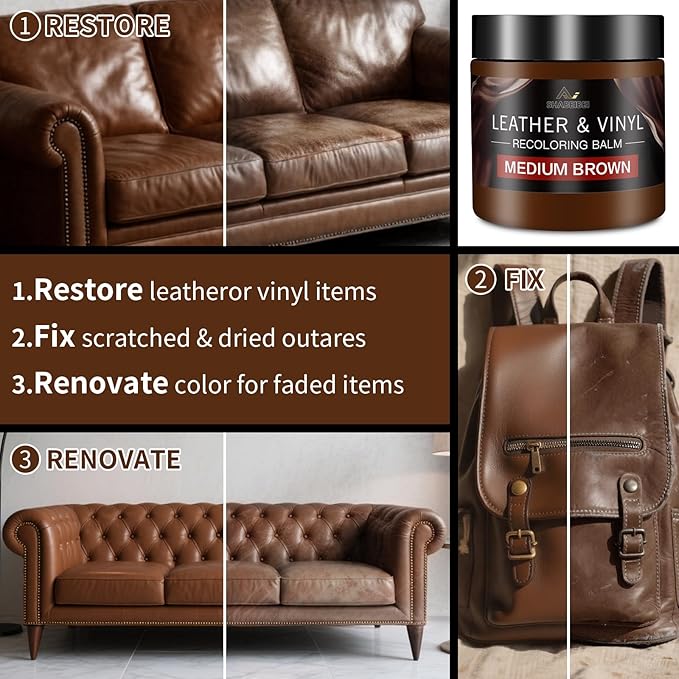 Leather Recoloring Balm with 100ml Mink Oil, Medium Brown Leather Repair Kit and Scratch Remover for Furniture, Car Seats, Sofas, Dye & Restorer for Couches, Vinyl, PU, Faux