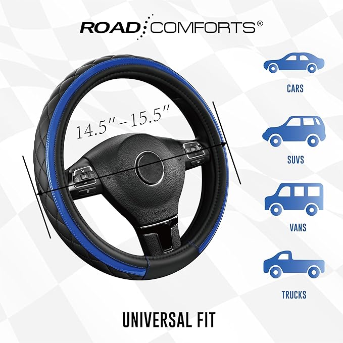 Road Comforts Leather Steering Wheel Cover – Black & Blue, Universal Fit 14.5-15 Inch, Microfiber Leather, Anti-Slip & Breathable Design for Men and Women