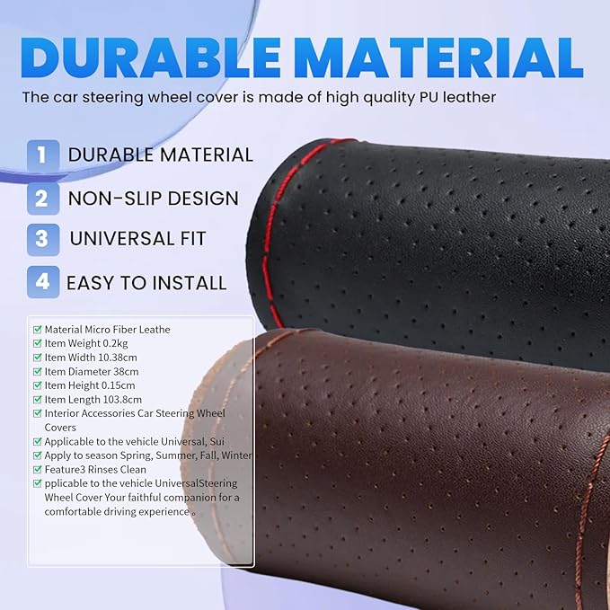 DEEYOTA Car Steering Wheel Cover Universal Fit Round Stitch Steering Wheel Wrap Thin PU Leather Steering Wheel Cover Sewn on 15" Car Wheel (Coffee)