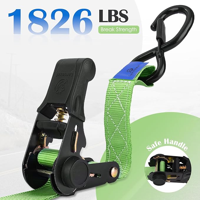 Ratchet Straps 4 Pack - 1,826 Lbs Break Strength 1 in x 15 Ft Medium Duty Ratchet Tie Down Straps with S Hooks Set for Truck, Cargo Van, Trailer, Motorcycle (Green)