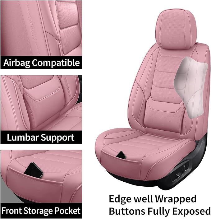Front Seat Covers for Cars Breathable Leather Seat Covers Waterproof Seat Protectors Universal Fit for Most Automotive Cars SUV Trucks(Pink, Front Pair)