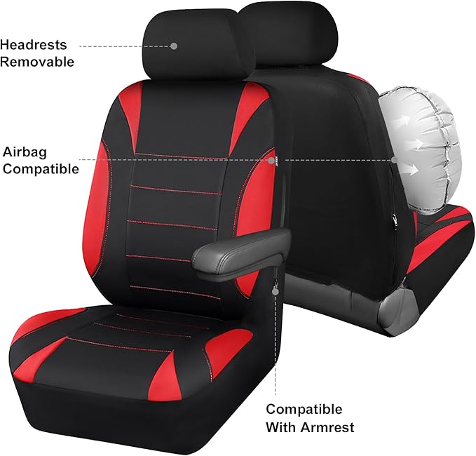 CAR PASS Neoprene Wetsuit Seat Covers, Waterproof Car Seat Covers Front with 5mm Composite EVA, Universal Fit for Car,Sedan, SUV TrucksAnti Slip with Armrests, Airbag Compatible(Black and Red