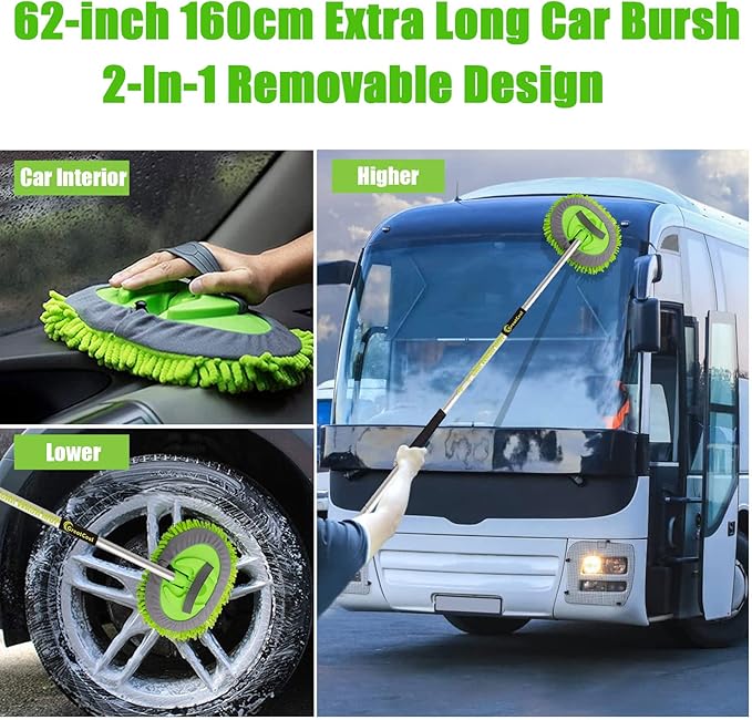 62" Car Wash Brush Mop Kit with Long Handle, 2 in 1 Chenille Microfiber Sponge Mitt Cleaning Detailing Duster for Washing Cars Truck SUV RV Caravans and Household(2 x Mop Head)