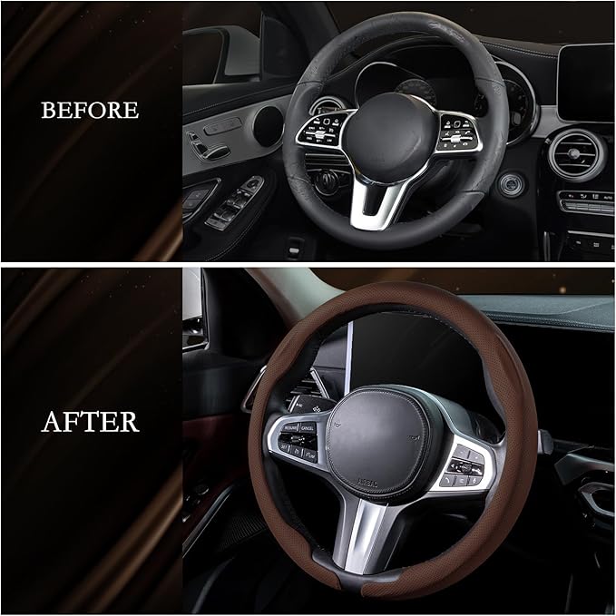 Aimato Nappa Leather Steering Wheel Cover, Ultra-Thin Car Steering Wheel Cover,Comfortable & Breathable Microfiber,Universal Fit for Most Cars,Brown