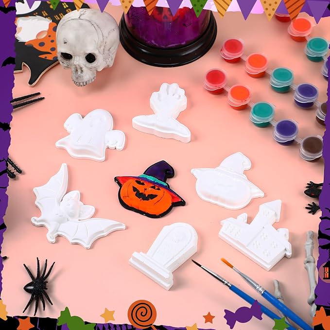Foilswirl 24 Set Halloween Ceramic to Paint DIY Ghost Tombstone Bat Pumpkin Haunted House Crafts Painting Kit Unpainted Crafts with Brush Bag for Halloween Party Favor Gifts Boo Basket Stuffers