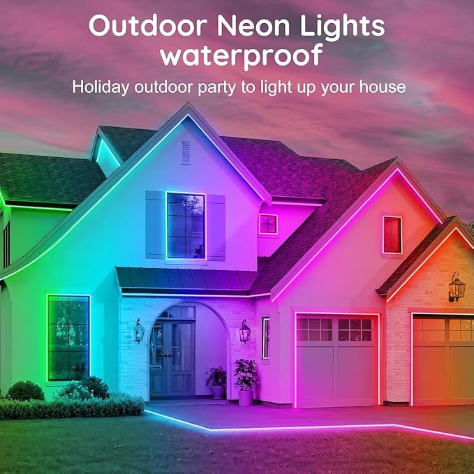 100FTNeon Rope Lights,Flexible Led Rope Lights Control with App/Remote,Multiple Modes Rope Lights,IP65 Outdoor RGB Led Neons Light Waterproof