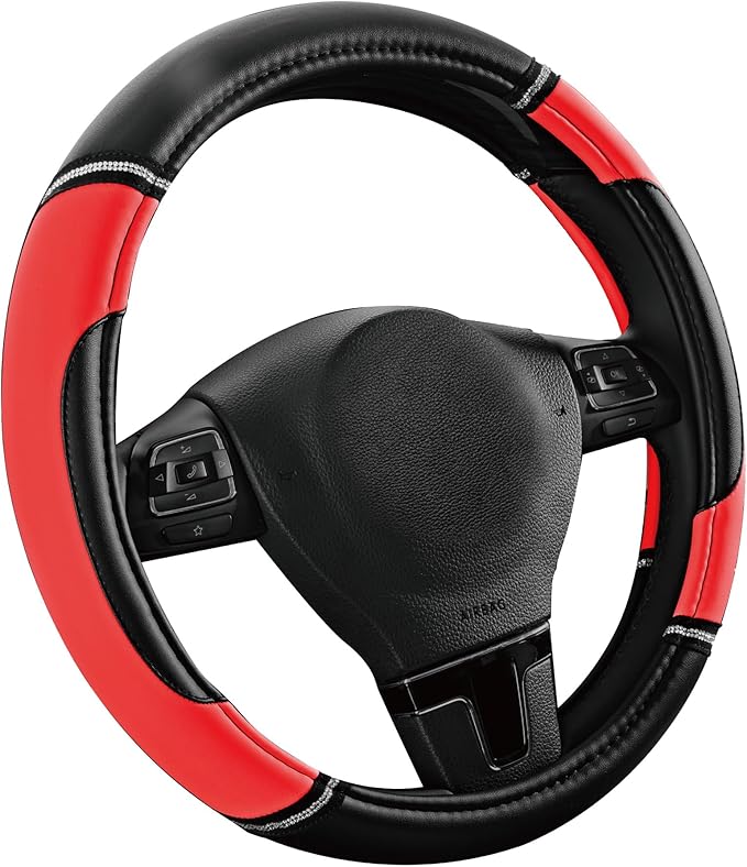 Road Comforts Leather Steering Wheel Cover - Made with PVC Leather - Anti-Slip, Universal Fit 14 1/2 inches to 15 inches - Red