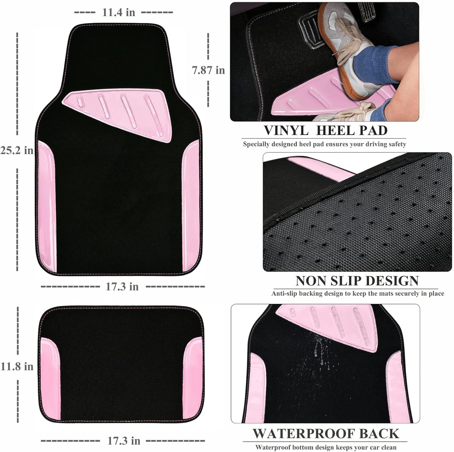 CAR PASS Jelly Waterproof Universal Fit Car Floor Mats, Girly Car Carpet Mats with Anti-Slip Nibbs Backing & Driver Heel Pad Fit for SUV, Vans, sedans, Cute car mats of 4pcs for Women (Pink)