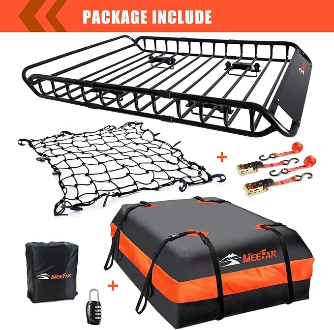 MeeFar Roof Rack Carrier Basket Universal Rooftop 51" X 36" X 5" + Waterproof Bag 15 Cubic Feet (44" 34" 17"), and Cargo Net with Attachment Hooks, Ratchet Straps
