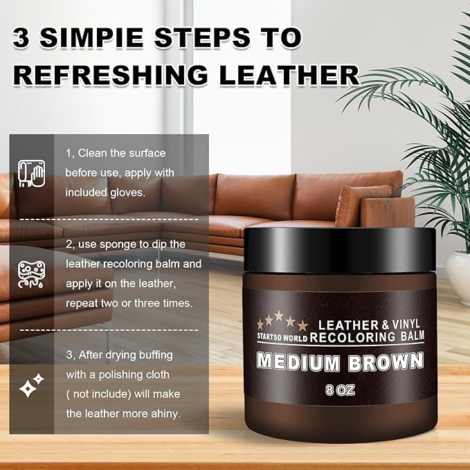 STARTSO WORLD Leather Recoloring Balm, Medium Brown Repair Kit for Furniture, Leather Dye, Color Restorer for Couches, Couch Paint | Repair, Restore & Renew Old, Faded Surfaces