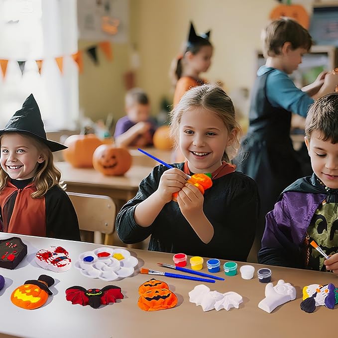 xFFFun DIY Halloween Painting Kit, 24 Set Ceramics to Paint with Unpainted Pumpkin Ghost Bat Ready to Paint Ceramics for Classroom Activity Halloween Gifts Party Decor