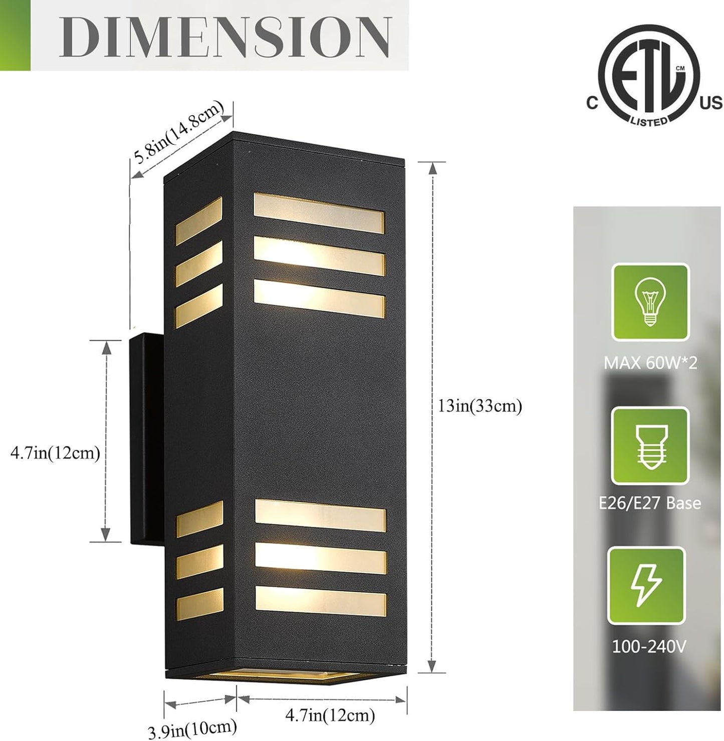 harriet Porch Lights Outdoor Modern - IP64 Waterproof Aluminum and Tempered Glass Cover, 13" Rectangular Up/Down Wall Sconce for Porch, Garage & Patio, Exterior Lighting, Black