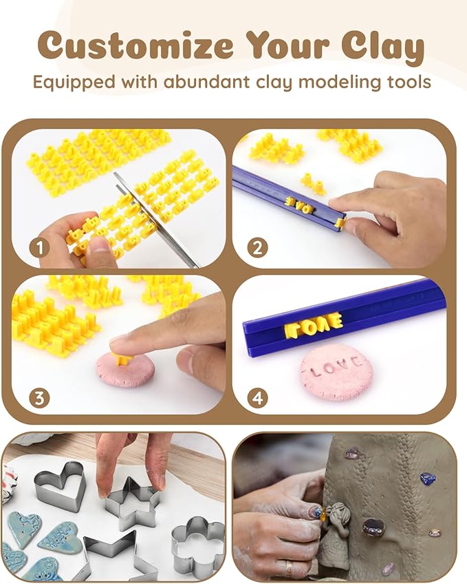 Air Dry Clay for Adults, Air-Dry Clay Starter Kit for Beginners Clay Kit, Includes Air-Dry Clay, 19 Clay Tools Kit, 12 Paints, 26 Letter DIY Clay Cutters, Varnish, Guide, Colored Rocks