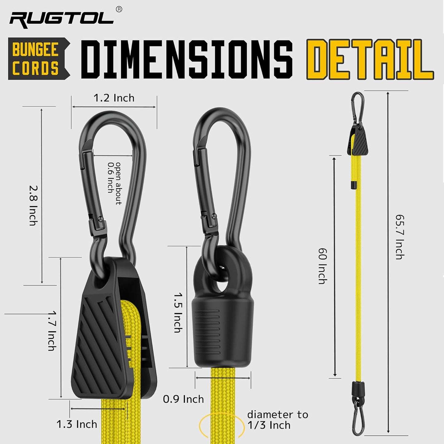 Bungee Cords with Hooks, 60 Inch Yellow Adjustable Bungee Cords with Carabiner Heavy Duty Outdoor, 8mm Thick Easy to Adjust Bungee Rope UV Resistant for Tarp, Bike Rack, Garden, Tension, 6 Pack