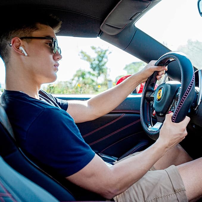 CAR PASS Bling Diamond Leather Steering Wheel Cover, Studded Crystal Rhinestones Universal Fit 14" 1/2-15" Crystal Glitter for Women Sparkle Girl Fit Suvs,Vans,Sedans,Cars,Trucks, Hot Pink Diamond