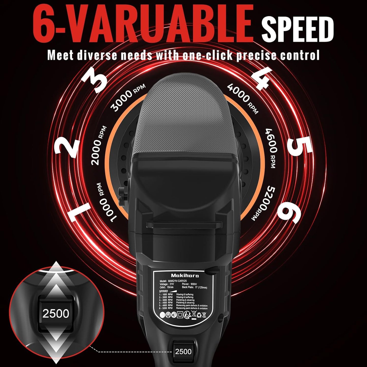 Cordless Buffer Polisher, 5 Inch Random Orbital Car Polisher Waxer, 6 Variable Speed 1000-5200 RPM, 21V 3.0Ah Batteries , 28Pcs Polishing Kit,for Car Polishing, Waxing, Boat Sanding, Scratch Removing