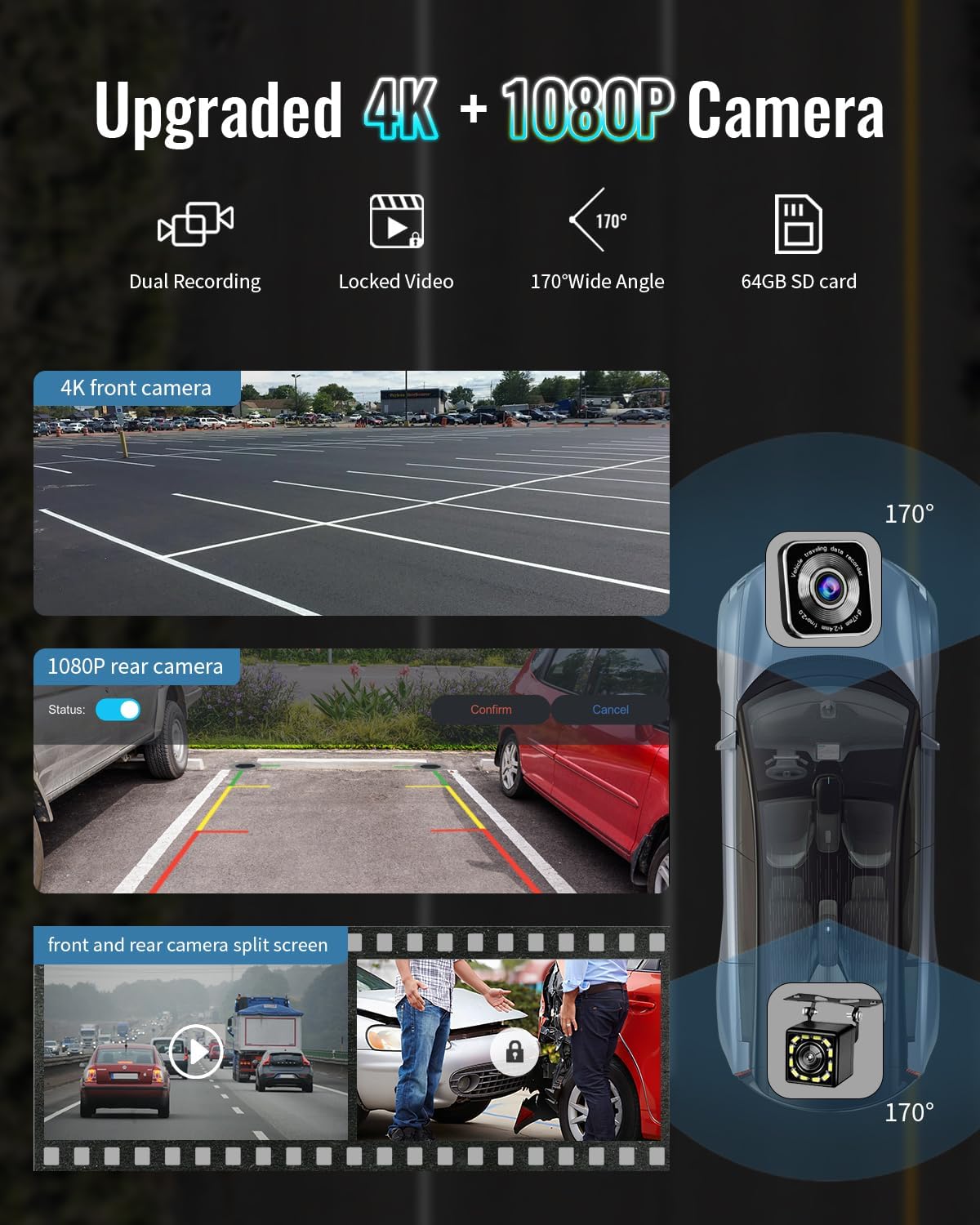 Portable Apple Carplay Screen for Car, 9" Wireless Apple Carplay & Android Auto,4K Dash Cam,1080p Backup Camera DVR,Car Audio Receivers GPS Navigation Mirror Link, Bluetooth,FM, Siri