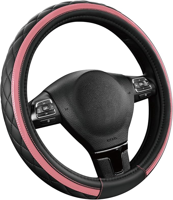 Road Comforts Leather Steering Wheel Cover – Black & Pink, Universal Fit 14.5-15 Inch, Microfiber Leather, Anti-Slip & Breathable Design for Men and Women