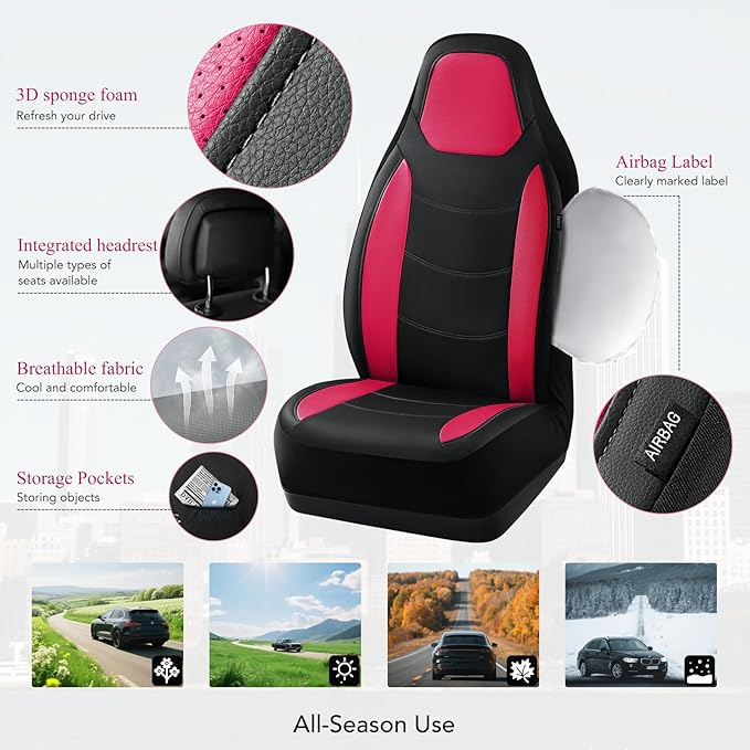 Road Comforts Car Seat Cover, Leather Seat Covers, Automotive Low Back Car Seat Covers, Airbag Compatible, Universal Fit for Most Cars (Hot Pink)