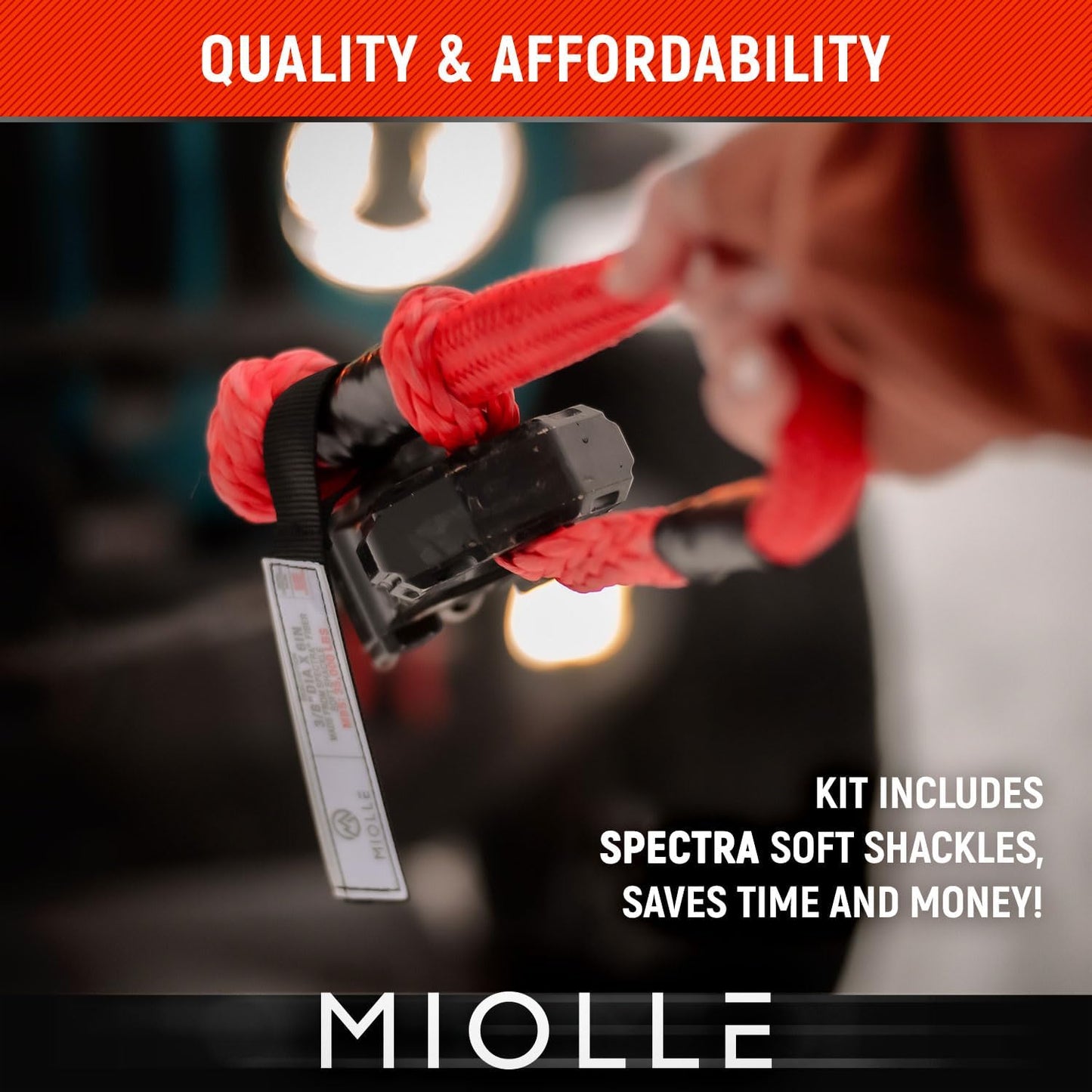 MiolleGear Kinetic Recovery Rope kit (7/8" x30', 10000lbs WLL) Heavy Duty Tow Rope - Includes 2 Soft Shackle 3/8 for UTV, ATV, Truck, Car, Jeep, Tractor