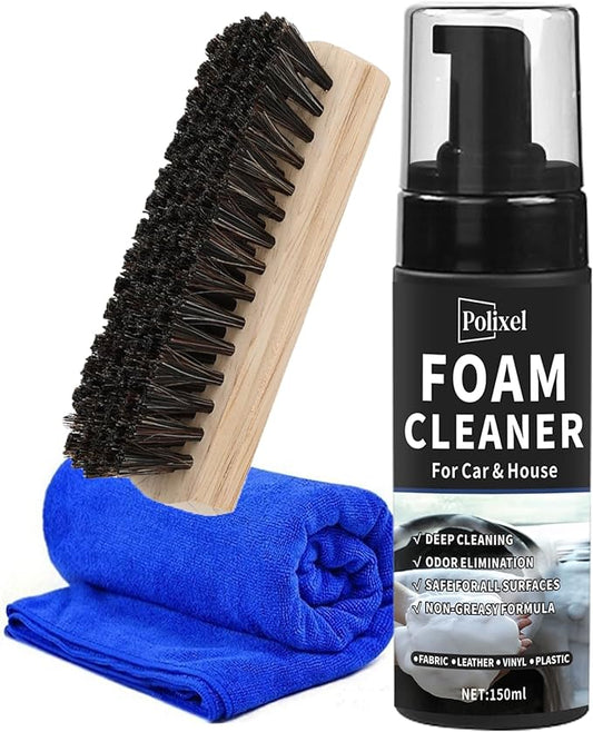 Car Interior Foam Cleaner - Powerful Waterless Carpet Upholstery & Seat Stain Remover for Leather, Fabric, Vinyl - Auto Detailing Spray with Brush Safe for All Cars - 5oz / 150ml