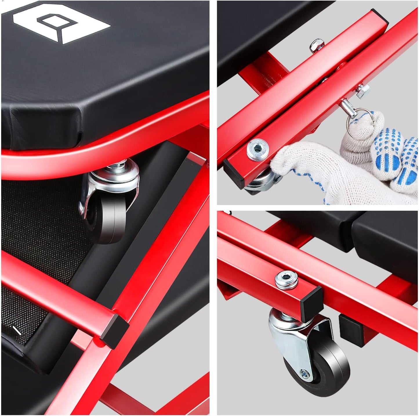 ‎DNA MOTORING TOOLS-00186 40 Inches 2 IN 1 Rolling Folding Car Creeper/Seat, 6 Pcs 2" Casters, 150kg Weight Capacity, Red