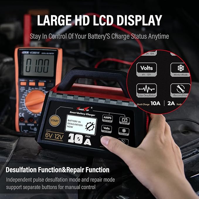 TowerTop Smart Car Battery Charger: 10A Battery Chargers 6V/12V Boat Battery Chargers with Auto Repair, Desulfator, Maintainer, Winter Mode, Suitable for AGM, Lithium (LiFePO4), Deep-Cycle Batteries