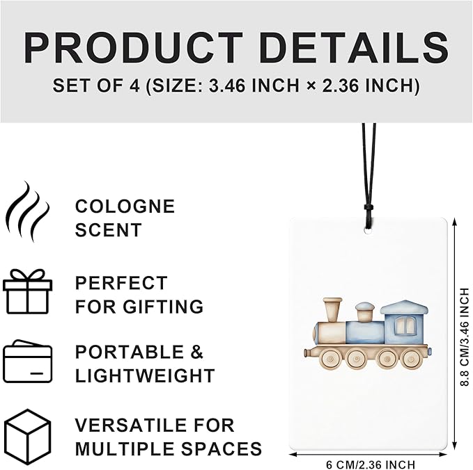 Blue Cute Car Air Freshener 4 Pcs, Watercolor Train Boat Hot Air Balloon Plane Hanging Air Freshener for Cars Closet Drawer Books, Blue Preppy Car Accessories for Women Men