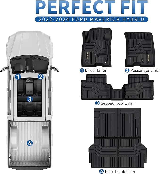 OEDRO Upgraded Floor Mats & Truck Bed Liner Fit for 2022-2025 Ford Maverick Hybrid, All Weather Fit Maverick Car Rubber Mats Includes 1st & 2nd Row and Bed Mat, Black