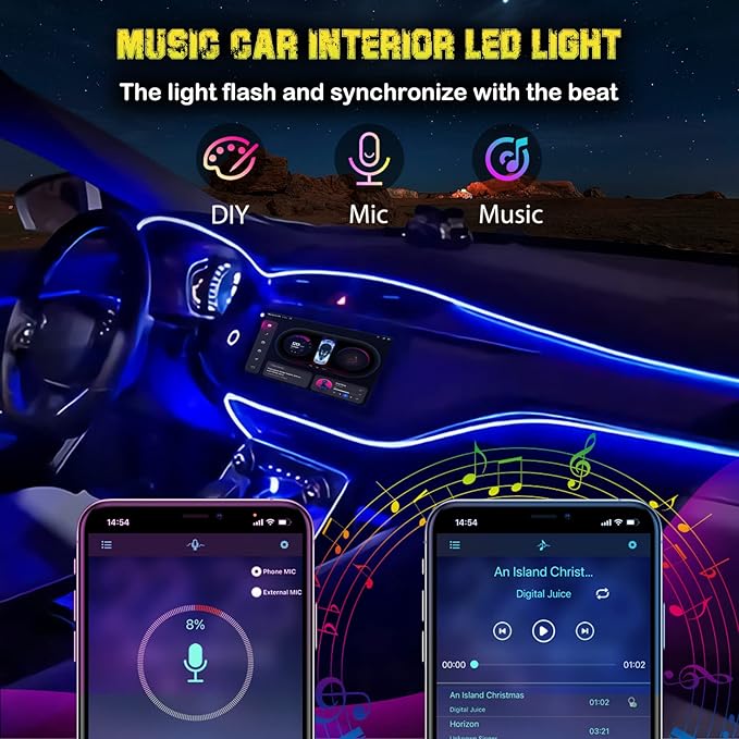 Interior Car LED Strip Lights, RGB USB Ambient Lighting with Fiber Optic, EL Wire Car Accessories (2 in 1)