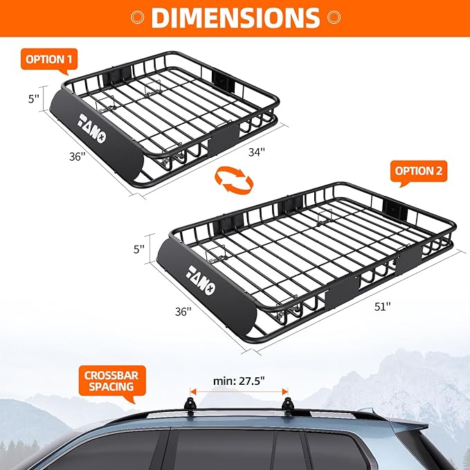 TANX 51" x 36" x 5" Roof Rack Cargo Carrier Basket with Waterproof Bag, Rooftop Cargo Carrier with Cargo Net & Ratchet Straps, Heavy Duty Roof Basket for SUV Truck, Hitch Cargo Carrier