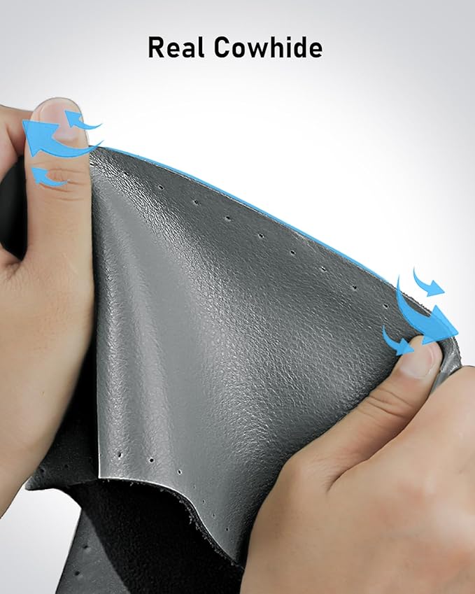 BELINOUS Leather Steering Wheel Cover Lace Up, Stitch On Wrap, Universal Fit 13-24 inch Car Truck SUV Pickup Boat, A Whole Piece of Cowhide, DIY Stitch w/Needle Thread (Size XL0, Gray)