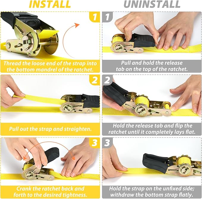 Ratchet Tie Down Strap 15 Ft - 500 lbs Load Cap with 1500 lbs Breaking Limit, Ohuhu Ratchet Tie Downs Logistic Cargo Straps for Moving Appliances, Motorcycle (Yellow, 8-Pack)
