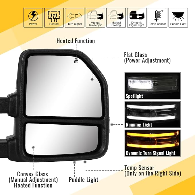 Towing Mirrors for 2015-2020 F150 Ford Tow Mirrors with Turn Signal & Running Light Heated Power Glass Temp Sensor Pair Set, Unpainted Black