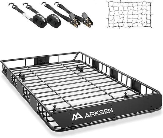 ARKSEN 64 x 39 x 5 Inch Upgrade Universal Roof Rack with Cargo Net, 2 Ratchet Straps - 150Lbs Capacity Heavy Duty Rooftop Cargo Carrier with Extension for Car, SUV & Pickup