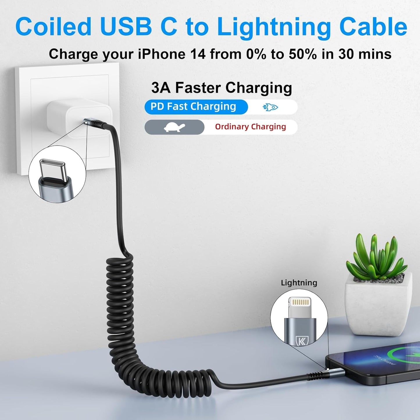 KIYODA USB Type C to Lightning Cable 6FT 2Pack, Coiled iPhone Charger Fast Charging for CarPaly Short USBC iPhone Cord for iPhone14/13/12/11 Pro Max/iPad/CarPlay-Black