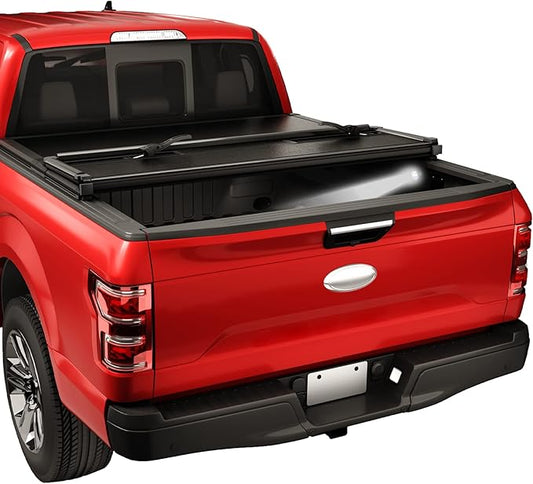 CARMOCAR Hard Tri-Fold Tonneau Cover Truck Bed Replacement for Ford F-150 2015-2024 Styleside Waterproof Tonneau Covers Top Mount Assembly LED Lamp 6'5" Bed